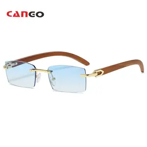 Moda eski ahşap çerçevesiz güneş gözlüğü erkekler dikdörtgen uv400 gözlük özel logo güneş gözlüğü