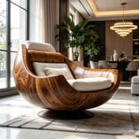 Fauteuil d'appoint en bois massif en forme de bol, avec coussin blanc moelleux, pour salon de villa