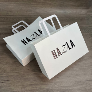 Cheap Wholesale Custom White Kraft Paper Bags with Black Logo - Flat Handle Shopping Bags for Clothes - Product Image 3