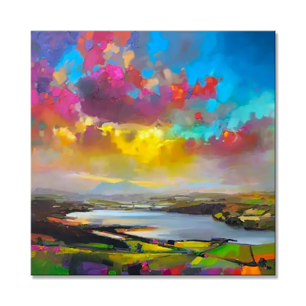 100% lukisan minyak pemandangan laut abstrak warna cerah buatan tangan di kanvas awan warna-warni di langit lukisan minyak pemandangan di kanvas