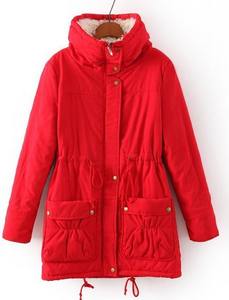 겨울 의류 한국 스타일 미디 기장 슬림핏 여성용 드로스트링 허리 스트랩 양털 안감 따뜻한 면 패딩 코트 - Product Image 4