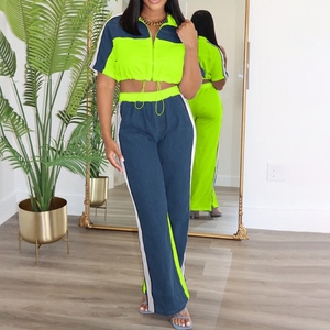 Conjunto de 2 piezas casual de moda para mujer: Top de mezclilla con cuello de colores y cremallera y pantalones de pierna ancha - Product Image 3