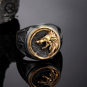 Men's <b>Wolf</b> Head <b>Ring</b> Stainless Steel 3D Embossed Gold Index Finger <b>Ring</b> Gift Jewelry - Product Image 1