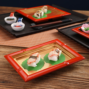 Plato doble para servir fideos fríos, con forma de bambú, en rojo y dorado, plato para sushi, utensilios de imitación de bambú para catering y hoteles - Product Image 3