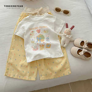 Tongxingyuan Girls Summer Outfit Cartoon Print T-Shirt Wide Leg Pants Set Breathable Thin Fabric For Kids - Product Image 1