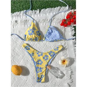 Ensemble de bikini réversible pour femmes, imprimé floral, haut de bikini triangle à bretelles, string à coupe haute, maillot de bain en spandex et polyester, 2 pièces - Product Image 2