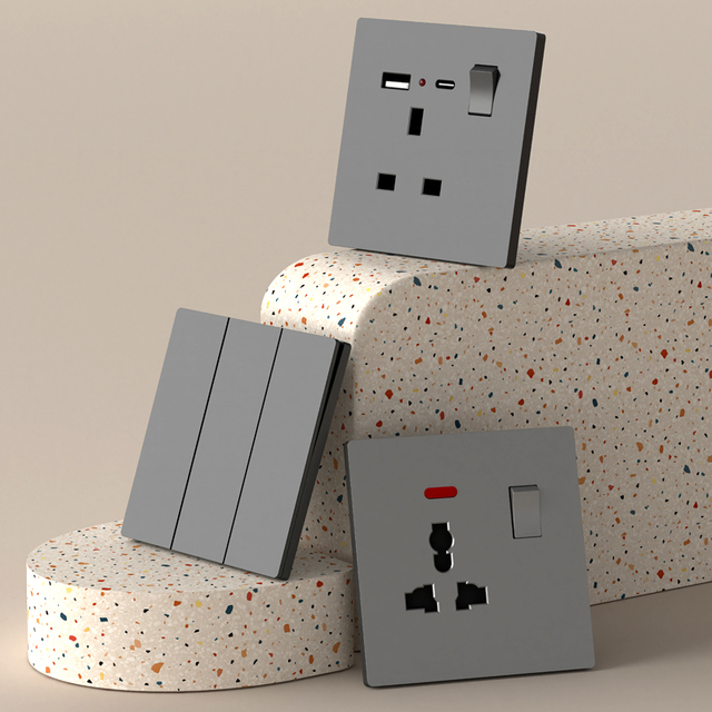KESHIQI Industrial Hospital PC Gray Ultrathin 13A/16A Switch Socket Wall European Electrical Switches and Sockets with USB Ports