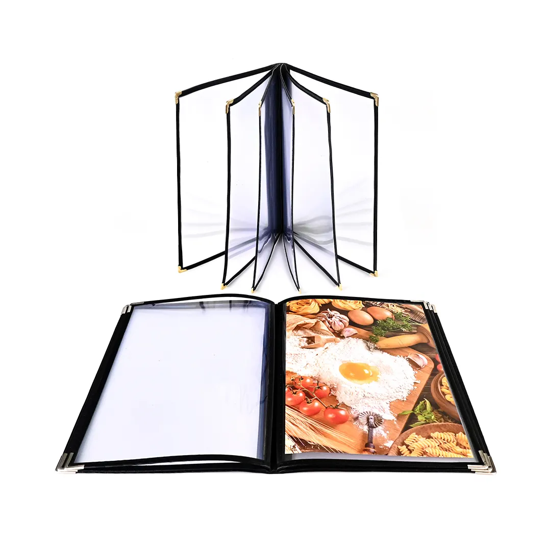 Fabrika fiyat 6 sayfa 12 görünüm şeffaf PVC PU deri kenar restoran menü kapağı 8.5x11 inç A4 boyutu menü kitap