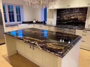Piano Cucina in Quarzite Nera Taurus, Lussuoso Top per Isola in Granito Nero Seta, <span class=keywords><strong>Lastra</strong></span> di Quarzite Magma Brasiliana - Product Image 3