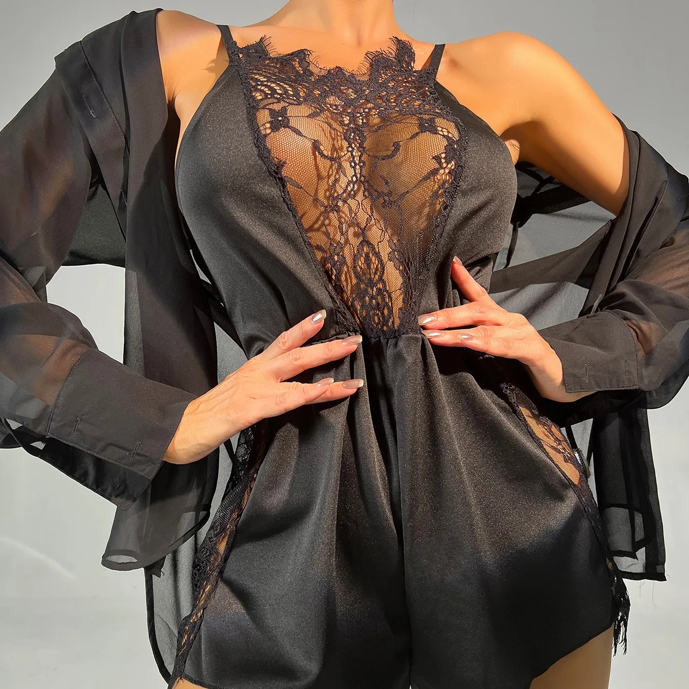 See Through Black Lace Pj Set Backless Satin Sexy Pajamas Black
