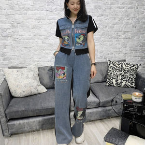 Ensemble deux pièces chemise/chemisier à fermeture éclair courte pour femme, tenue de sport d'été, pantalon à manches courtes, patchwork, costume décontracté en jean - Product Image 3