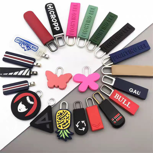 China Environment-friendly Custom Zipper Pull Double-Sided Drop Silicone Pull Tail Soft Metal Pull Head PVC Zipper Accessory