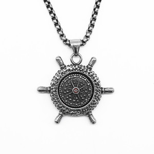 yunnique Stainless Steel <b>Ship</b> <b>Wheel</b> Pendant Necklace With Rhinestone Compass Design For Men And Women - Product Image 5