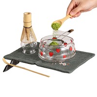 Astief Coffret Personnalisé Coloré avec Motif Fraise, Bol à Matcha en Verre et Support pour Fouet à Thé en Bambou, Ensemble Matcha