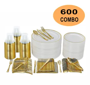 600 Piece Gold Dinnerware Party Set -100 Dinner Plastic Plates - 100 9oz cup- 100 Gold Plastic Silverware set