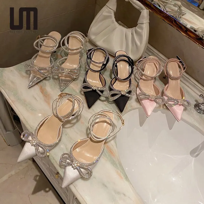 Liu Ming à la mode nouveautés femmes décontracté strass cristal bande étroite Bling Patchwork orteil pompes talons hauts