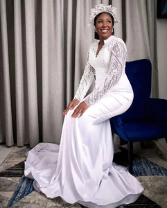 Mumuleo cuello en <span class=keywords><strong>V</strong></span> árabe Aso Ebi de talla grande perlas pesadas cuentas sirena vestido de novia ilusión manga larga satén vestidos de novia de lujo - Product Image 4