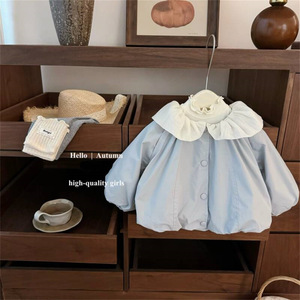 Tongxingyuan Baby Girls Ruffled Collar Coat Leggings Set Light Blue Gray With Label - Product Image 2