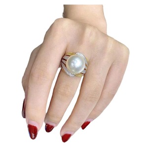 แหวนมุกทรงกลมสีขาวออสเตรเลีย 13-14 มม. โปร่งใสไร้ตำหนิ เงินแท้ S925 ประดับเพชรญี่ปุ่น เครื่องประดับหรูหราสไตล์ราชินี - Product Image 5