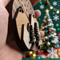 Ornement de Noël personnalisé en bois 3D superbe, avec scène de montagne, ours, cerf, loup, service de découpe laser