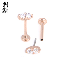Labret en acier chirurgical 316L plaqué or, style push-in, pour fiançailles et mariage, avec 2 CZ sans filetage