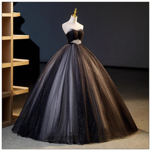 Strapless Evening Gown Black Ball Gown Organza Natural Waistline Elegant For Banquets Parties Hostess Art Exams - Product Image 3