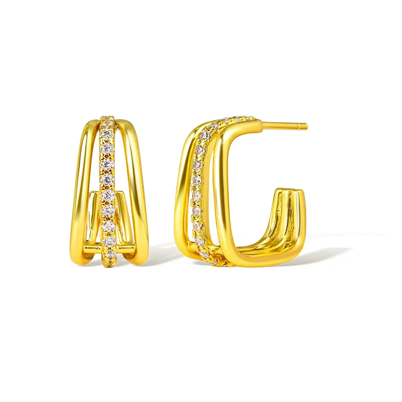Wholesale 18k Gold Plated Jewelry CZ Stone Minimalist Three Layer Line C Shaped Geometric Earrings Studs