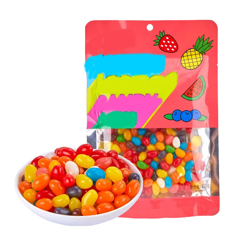 Produttore di vendita caldo Soft Mixed Fruit Flavor Candy Bag Package Rainbow gelatine dolci caramelle gommose Sour Halal Jelly Beans