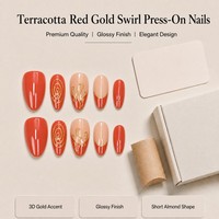 H41 Kaixin Faux Ongles à Presser Personnalisés Rouge Terre Cuite avec Tourbillon Doré, Fournitures pour Ongles Français Rouges avec Accent Doré 3D pour Intérieur