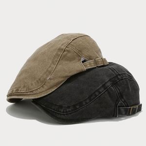 หมวกเบเร่ต์ทรงแบนสไตล์วินเทจสำหรับผู้ชายและผู้หญิง ผ้าฝ้ายล้างสี ลวดลายศิลปะ  แฟชั่นทันสมัย สีพื้น - Product Image 2