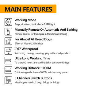 Collier de dressage pour chien avec dispositif anti-aboiement automatique à télécommande, modes de choc et de vibration sécurisés pour toutes les races - Product Image 3