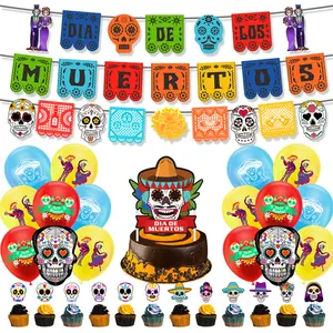 Mexican Day of the Dead flag pulling party decorated DIA DE LOS MUERTOS skull Marigold banner