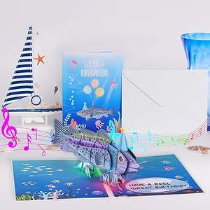 Funny Fish Themed 3D Pop up Musical Tarjetas de cumpleaños con luces y <span class=keywords><strong>canción</strong></span> de feliz cumpleaños para papá, hombres, pescador, él - Product Image 4