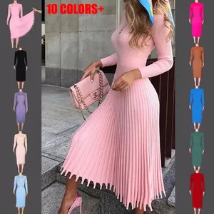 Hot Sale Modest Women'S Clothes Casual Knitted Dresses Mid Length Plain Elegant Pleated Girls Sweater Dress