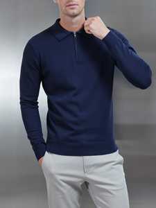 Custom Logo Navy Hoge Kwaliteit Kantoor Pullover Basis Shirt Katoen Gebreide Lange Mouw Half Zip Effen Garen Geverfd Voor Shirt - Product Image 2