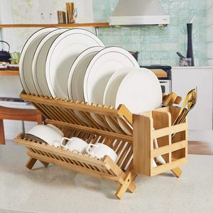 Bamboo Double Layer Dish Rack With Cup Holder Quick Dry Draining Rack For <b>Kitchen</b> Countertop Storage - Product Image 1