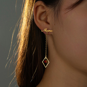18K Gold Plated Custom Name Drop <b>Stud</b> <b>Earrings</b> with Birthstone Stainless Steel Long Tassel Dangle Ear <b>Chain</b> <b>Earrings</b> - Product Image 4