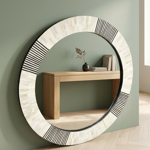 Modern Handmade Bone and Capiz Shell Inlaid Round <b>Mirror</b> Wall <b>Mirror</b> with Customizable Size & Color Polished Edge - Product Image 3