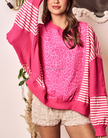 Sweat-shirt pour femme en gros, tendance, rose vif, imprimé léopard, patchwork, col rond surdimensionné