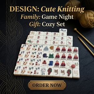 Lujosas y Acogedoras Baldosas de Mahjong Americanas con Patrón de Gatos en Hilo Blanco Crema, Ideales para Clubes Profesionales, Fiestas en Casa, o como Regalo para Abuelas - Product Image 1