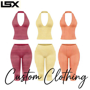 Completo Casual da <span class=keywords><strong>Donna</strong></span> in Cotone Lavorato a Maglia, Due Pezzi: T-shirt Corta a Righe e Pantaloni Aderenti - Product Image 1