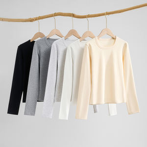 Atacado Personalizado Design Simples Inverno Primavera Manga Longa Colheita de Algodão Top Plain Blank Quente Velo Manga Longa T-shirts para As Mulheres - Product Image 1