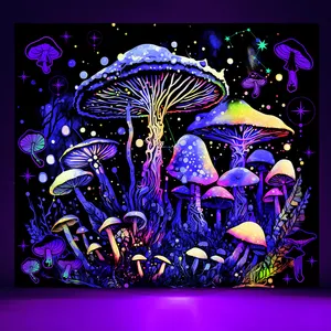Custom Logo Mushroom Design Psychedelic UV Active Blacklight Glow In The Dark Wall Hanging Fluorescent Tapestry