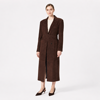 Manteau trench décontracté pour femme en cuir nubuck véritable marron noyer, à bouton unique et ceinture à boucle recouverte, coupe-vent et respirant pour l'automne