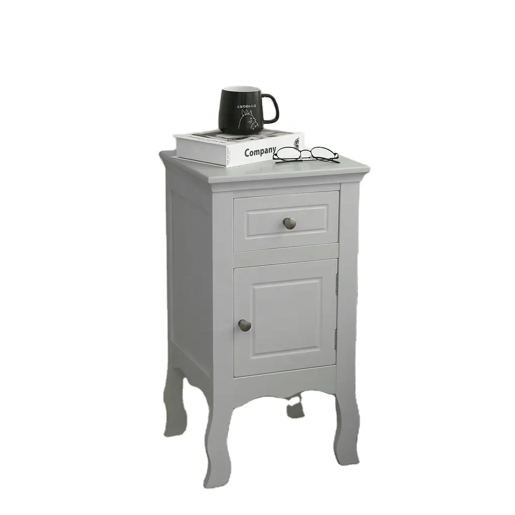 MDF Bedsid Cabinet With a Drawer and Cupboard, Raised Curved Leg, Night Stand coffee Table White, Grey, 33x30x63 cm