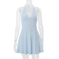 Robe d'été élégante pour femme, col en V, dos nu, motif rayé, silhouette trapèze, disponible en bleu, tailles S à L, vente en gros