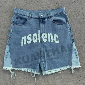 Custom Rhinestone Baggy Vintage Sun Faded Distressed Embroidery Patch Flared Jeans Men's Denim Shorts