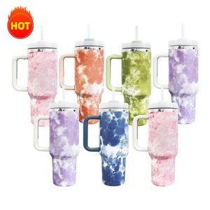Beer Mug Water <b>Bottle</b> Tie Dye Mugs With Handle and Straw H2.0 Purple Tie-Dye 40Oz Tumbler - Product Image 1