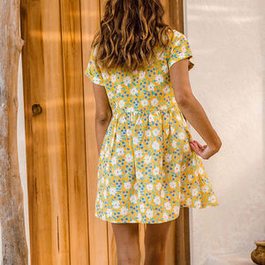 Hot-selling beach-style playful floral print button-down V-neck short-sleeved <b>dress</b> custom-made soft linen <b>dress</b> - Product Image 4