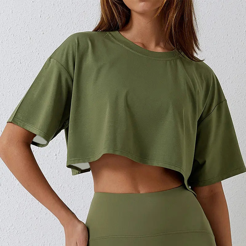 Basic Solid Color Breathable Ultra-Short Yoga Top with Crew Neck & Sexy Half Sleeve Polyester/Nylon Loose Fit